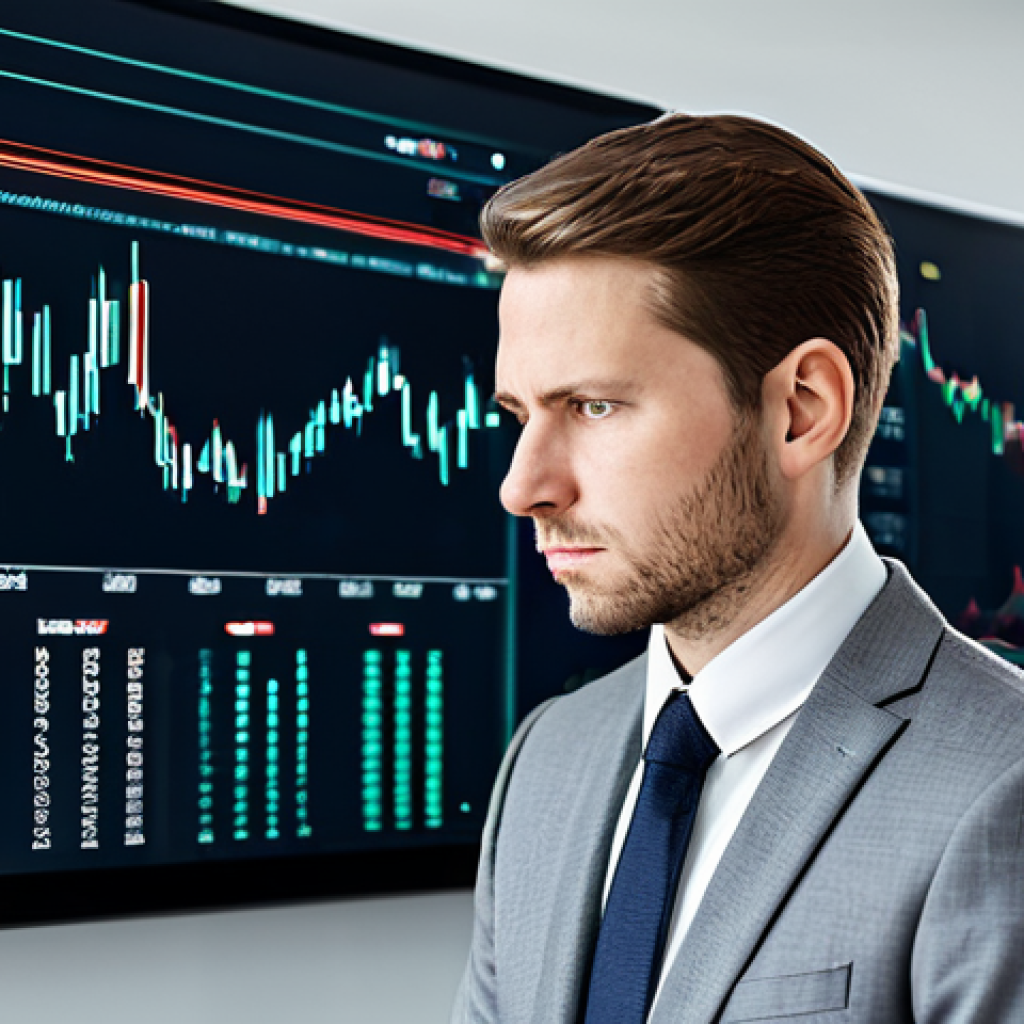 A focused professional in a modest business suit, intently observing digital financial charts and currency exchange rates on large screens within a sleek, modern office. The background features a subtle city skyline, conveying a global financial hub. The subject maintains a natural pose and expressions, reflecting concentration and analysis. Fully clothed, appropriate attire, safe for work, perfect anatomy, correct proportions, well-formed hands, proper finger count, natural body proportions, professional photography, high quality, appropriate content, family-friendly.