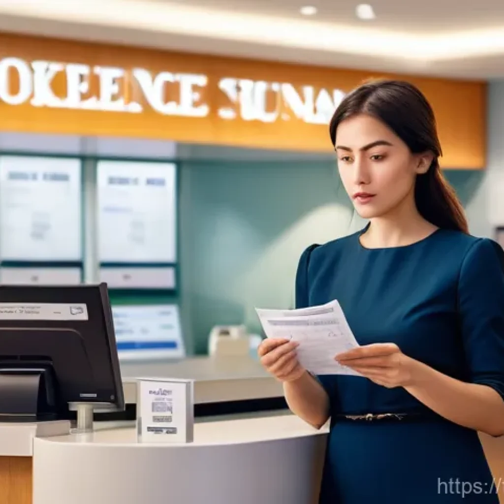 외환관리사와 외환 고객 상담 사례 - A person (female, 30s-40s, dressed in smart-casual attire) stands inside a clean, well-lit tradition...