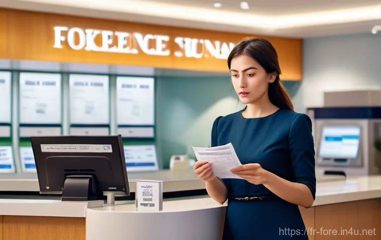 외환관리사와 외환 고객 상담 사례 - A person (female, 30s-40s, dressed in smart-casual attire) stands inside a clean, well-lit tradition...