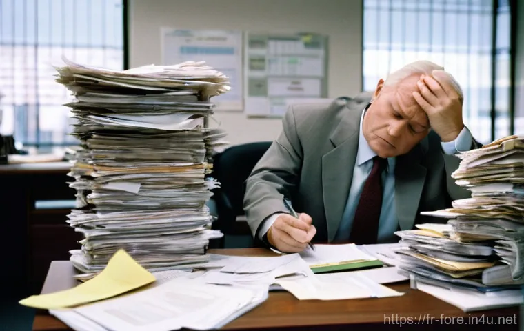 외환관리사와 외환 관리 시스템 개발 - **Prompt 1: "The Manual Burden of Foreign Exchange"**
    A highly detailed, realistic photograph se...