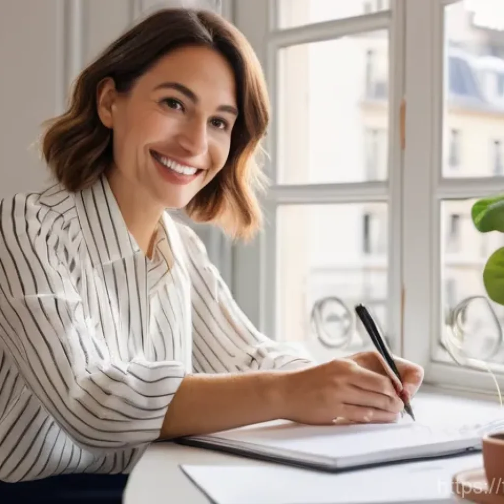 외환관리사와 자기 계발 성공 사례 - **Prompt:** A confident and elegant French woman in her early 30s, with a warm smile, sitting at a b...