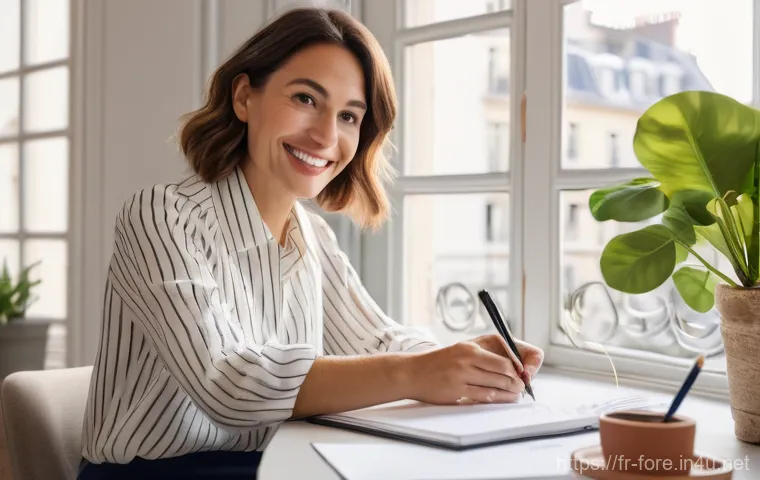 외환관리사와 자기 계발 성공 사례 - **Prompt:** A confident and elegant French woman in her early 30s, with a warm smile, sitting at a b...