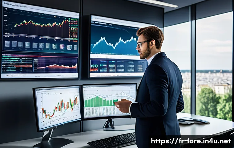 외환관리사와 외환 시장 트렌드 분석 - A sophisticated financial analyst in a modern Parisian office, analyzing dynamic currency exchange c...