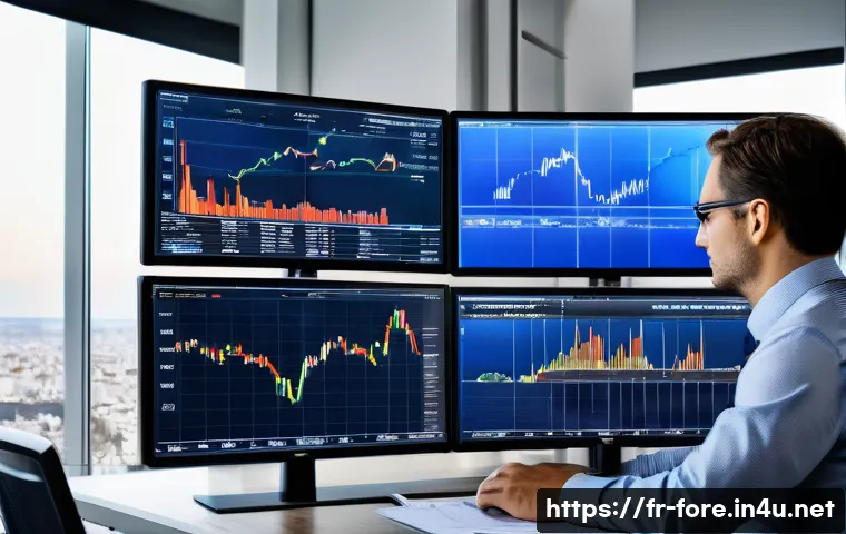 외환관리사와 금융 시장 이슈 - A sophisticated financial analyst’s workspace in Paris, with multiple high-resolution screens displa...