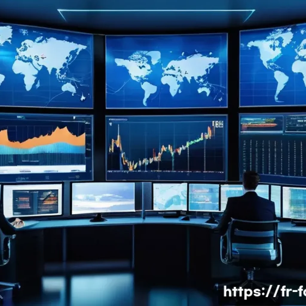 외환관리사와 외환 거래 이론 정리 - A detailed, realistic digital illustration of a modern global forex trading room with multiple large...