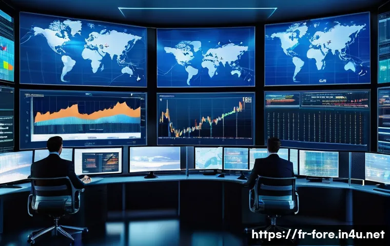 외환관리사와 외환 거래 이론 정리 - A detailed, realistic digital illustration of a modern global forex trading room with multiple large...