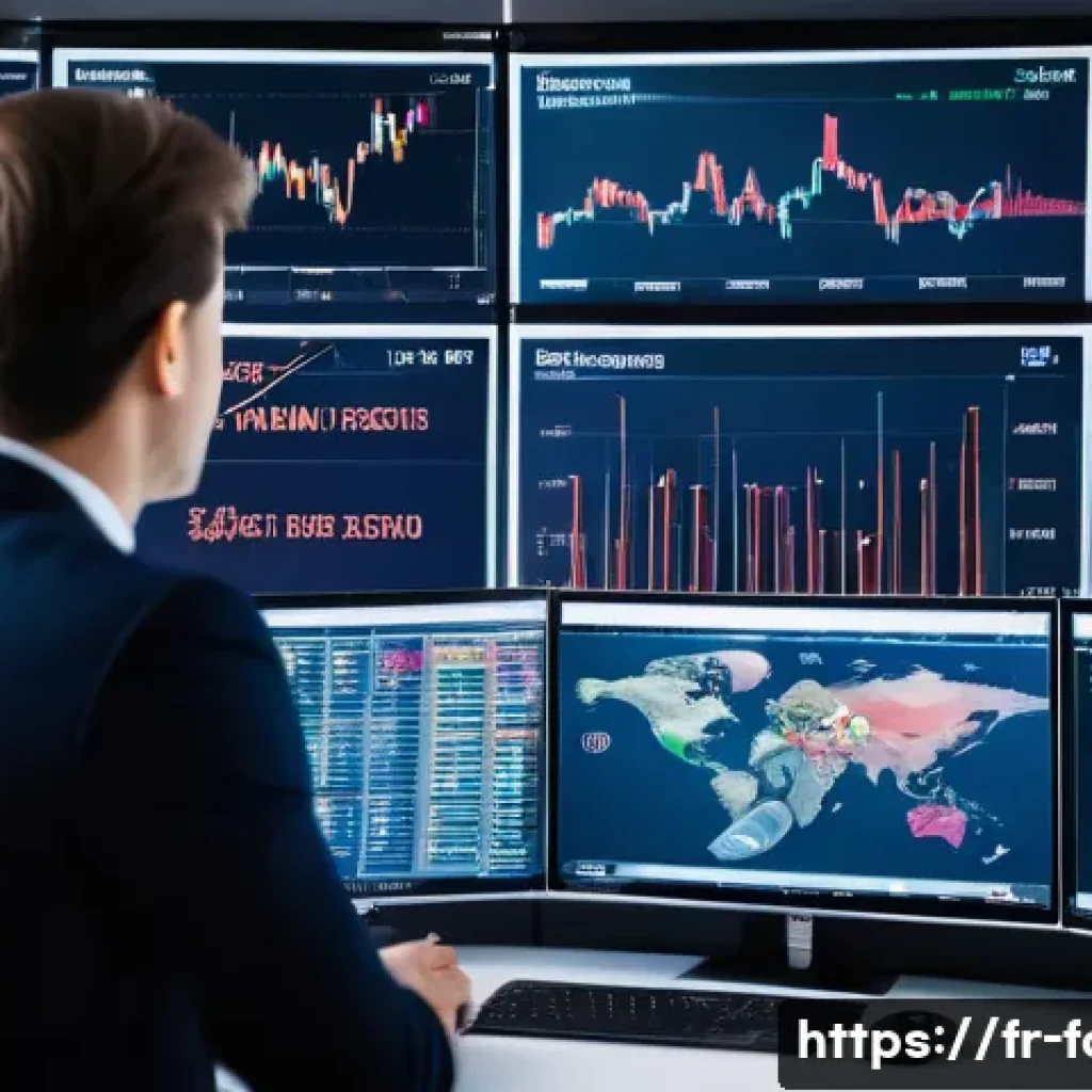 외환관리사와 외환 IT 솔루션 - A professional financial manager in a modern Parisian office, analyzing multiple large digital scree...