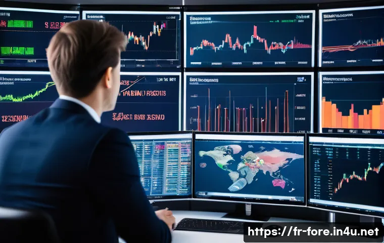 외환관리사와 외환 IT 솔루션 - A professional financial manager in a modern Parisian office, analyzing multiple large digital scree...