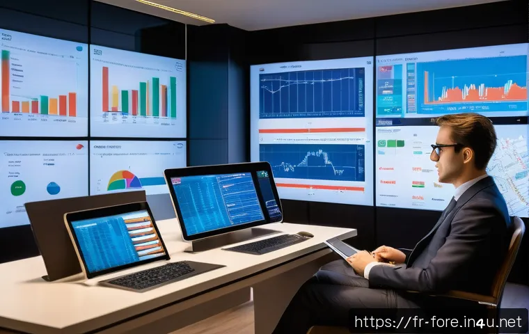 외환관리사와 글로벌 트렌드 - A sophisticated financial analyst room in Paris, with large windows overlooking the Eiffel Tower, mu...