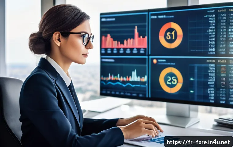 외환관리사와 외환 실무 사례 분석 - A professional French businesswoman analyzing currency exchange rate charts on multiple digital scre...