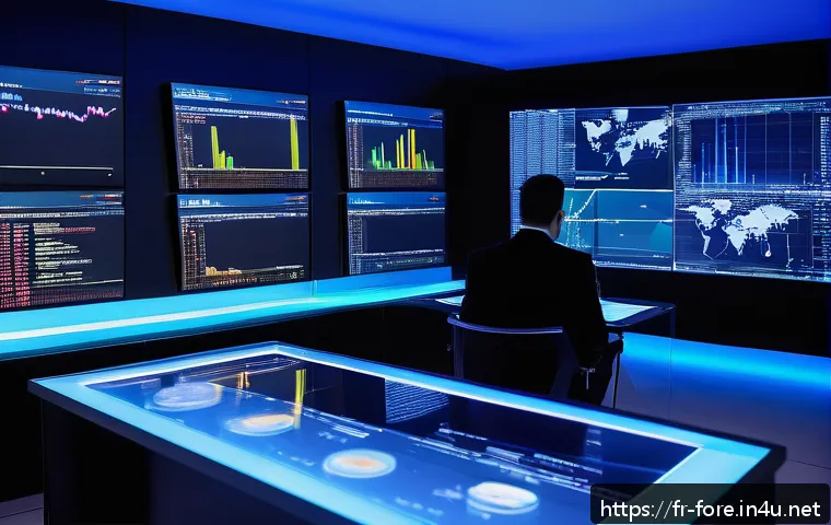 외환관리사와 핀테크 트렌드 - A futuristic financial analyst’s office in Paris, featuring large transparent screens displaying AI-...