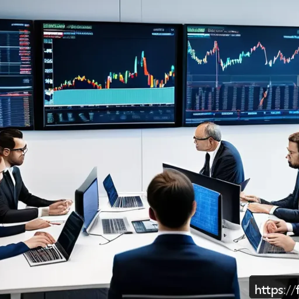 외환관리사와 외환 트레이닝 워크숍 - A professional modern office setting with a diverse group of business people analyzing large digital...