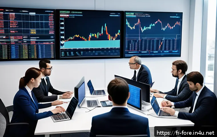 외환관리사와 외환 트레이닝 워크숍 - A professional modern office setting with a diverse group of business people analyzing large digital...