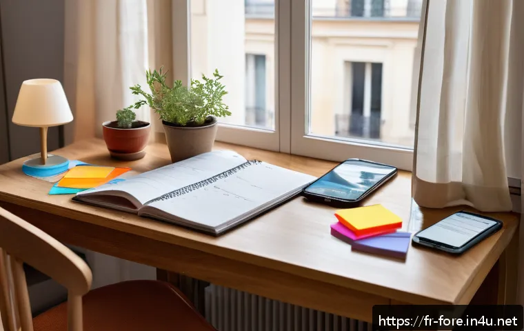 외환관리사 시험 합격을 위한 시간 관리법 - A cozy home study scene featuring a French young adult seated at a wooden desk by a window, organizi...