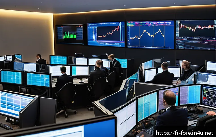 외환관리사 관련 연수 프로그램 - A modern financial trading room in Paris with diverse professionals analyzing multiple large digital...