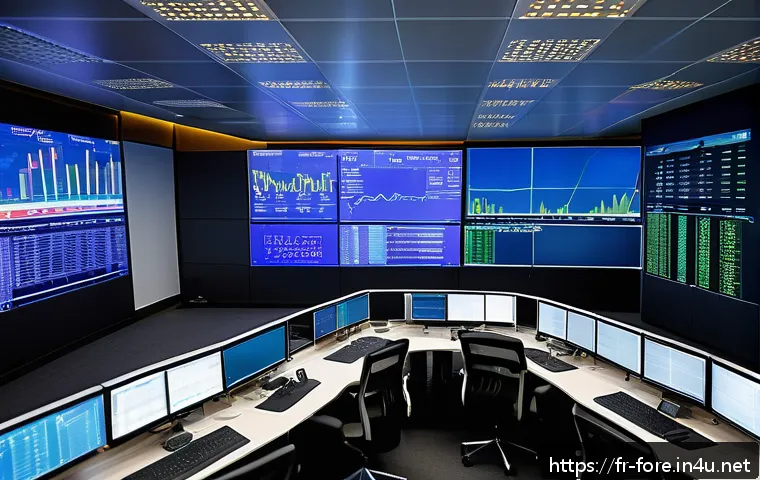 외환관리사 중점 과목 완벽 정리 - A sophisticated European financial trading room with multiple large screens displaying Forex charts,...
