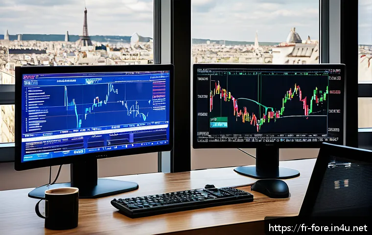 외환관리사와 경제지표 해석 - A sophisticated financial analyst’s desk in a modern Parisian office, featuring multiple high-resolu...
