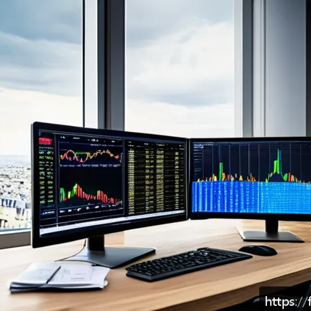 외환관리사와 금융권 이직 준비 - A professional European financial trader’s modern office with multiple large screens displaying Fore...