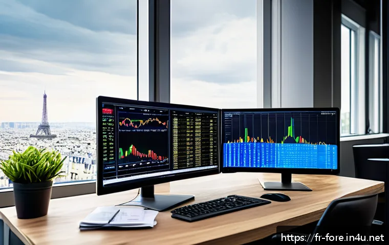 외환관리사와 금융권 이직 준비 - A professional European financial trader’s modern office with multiple large screens displaying Fore...