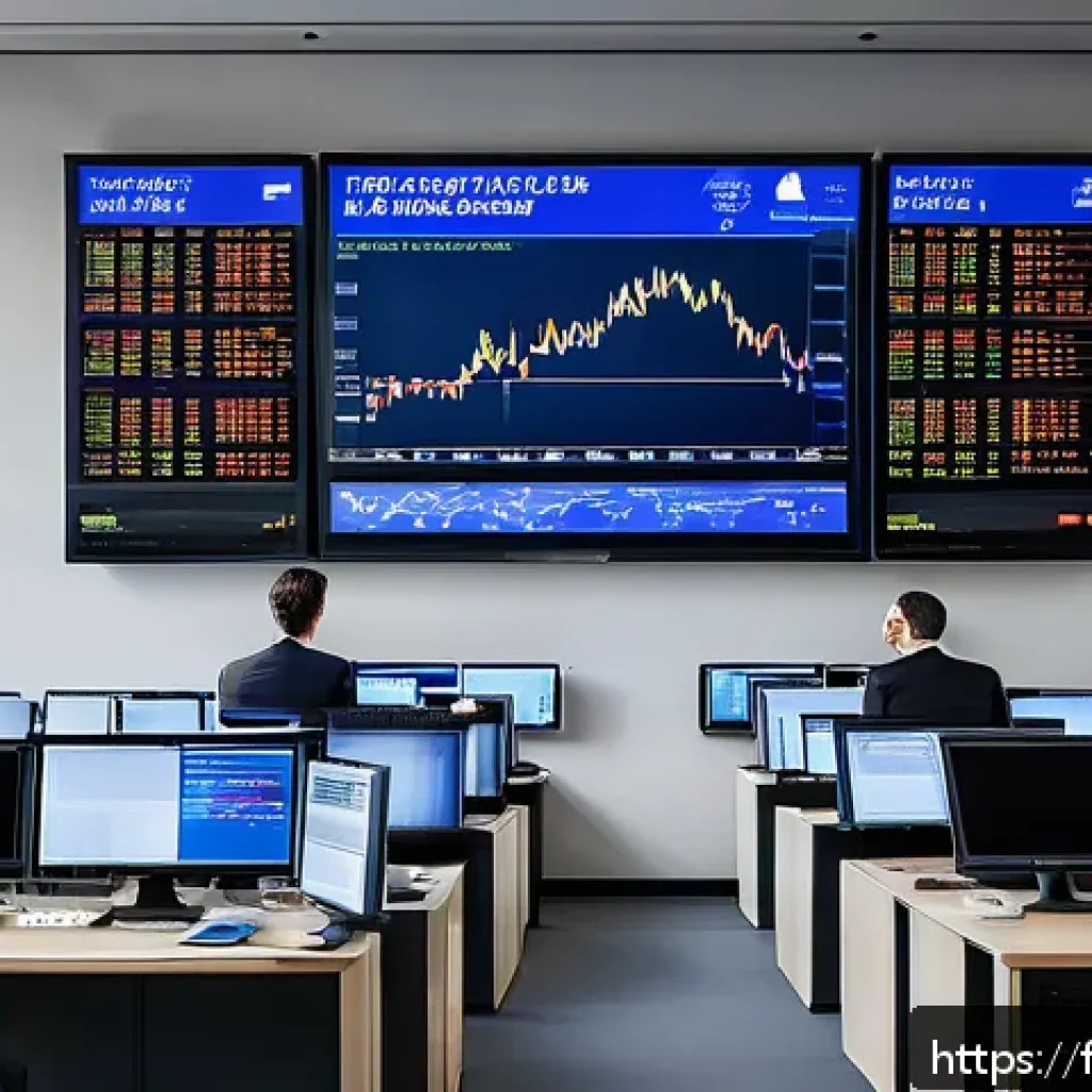 외환관리사와 외환 시장 변화 연구 자료 - A sophisticated financial trading room in Paris with multiple large digital screens displaying live ...