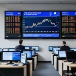 Home 23 외환관리사와 외환 시장 변화 연구 자료 - A sophisticated financial trading room in Paris with multiple large digital screens displaying live ...