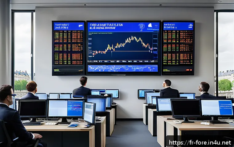 외환관리사와 외환 시장 변화 연구 자료 - A sophisticated financial trading room in Paris with multiple large digital screens displaying live ...