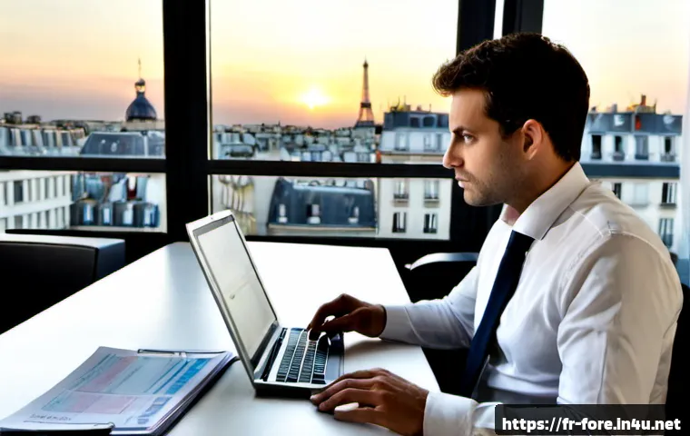 Home 17 외환관리사와 외환 시장 변화 연구 사례 - Photorealistic French foreign exchange manager in a refined Paris office, studying euro banknotes an...