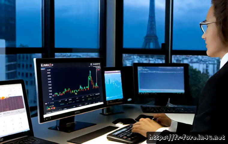 Home 17 외환관리사 실무 적용 사례 - Photorealistic French corporate treasury office, a finance professional reviewing foreign exchange r...