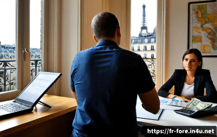Home 17 외환관리사와 외환 거래 실패 사례 - Photorealistic French foreign exchange advisor in a modern Paris office, calmly explaining currency ...