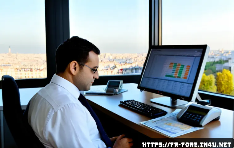 Home 17 외환관리사와 외환 관련 경제학 이론 - Photorealistic French foreign exchange manager reviewing euro banknotes, currency charts shown only ...